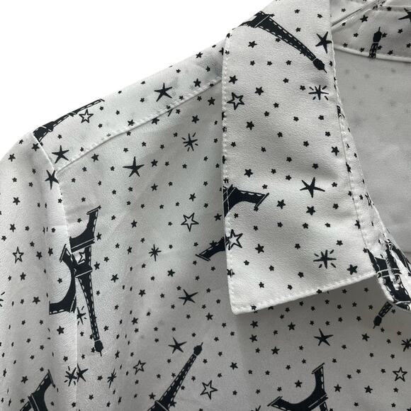 Karl Lagerfeld Paris Eiffel Tower Print Blouse Roll-Tab Sleeves Size Large - Picture 4 of 10